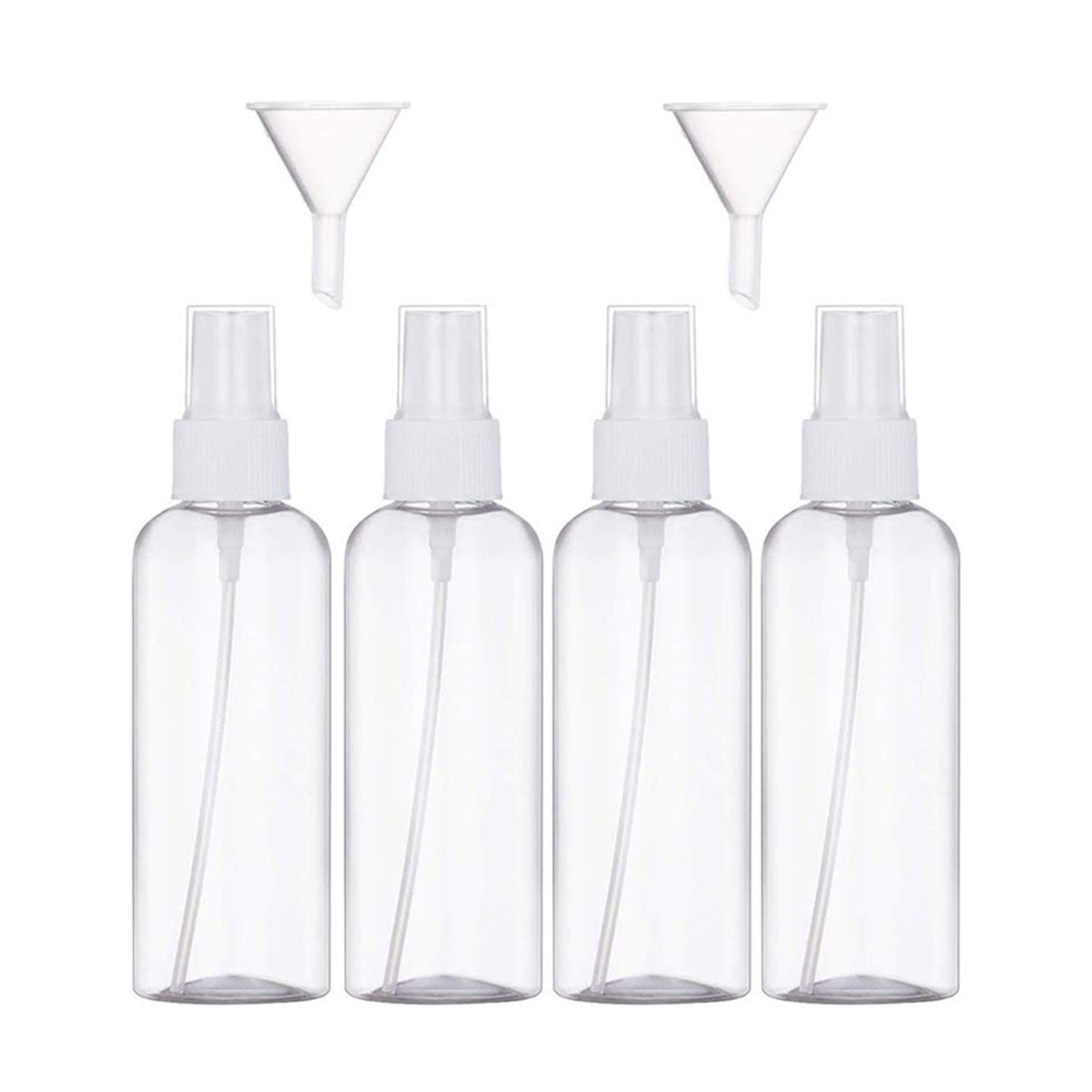 JamHooDirect 4Pcs, 100ml Spray Bottle Empty Plastic Fine Mist Travel Atomiser Set with 2 Funnels & 12 Labels - Clear Refillable & Reusable Bottle Toiletries Liquid Containers for Cosmetic Make-up