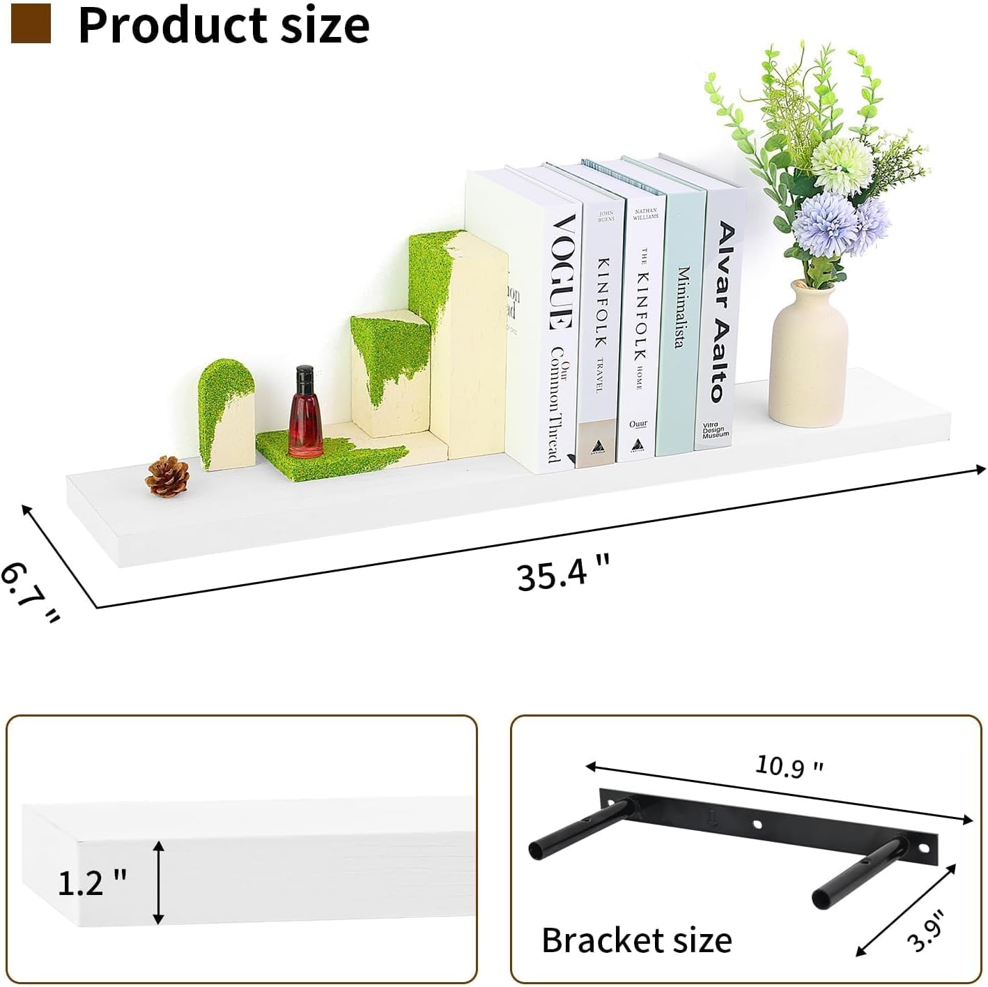 White Floating Shelves for Wall, 35.4 inches Wall Mounted Rustic Wood Shelves for Bathroom, Living Room, Bedroom and Kitchen,Books,Room Decor Set of 4