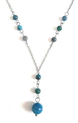 Natural Crystal Bead Blue Apatite Stone Y Shaped Lariat Necklace Non-Tarnish Steel Chain