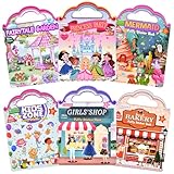 Cosomia 6 Set (260pcs) Puffy Sticker Books Activity for Girls, Reusable Stickers Book, Fairytale+Garden+Princess Party+Mermaid+Kids Zone+Girls' Shop, Travel Book for Kids Ages 3+