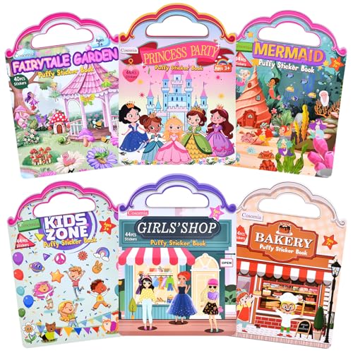 Cosomia 6 Set (260pcs) Puffy Sticker Books Activity for Girls, Reusable Stickers Book, Fairytale+Garden+Princess Party+Mermaid+Kids Zone+Girls' Shop, Travel Book for Kids Ages 3+
