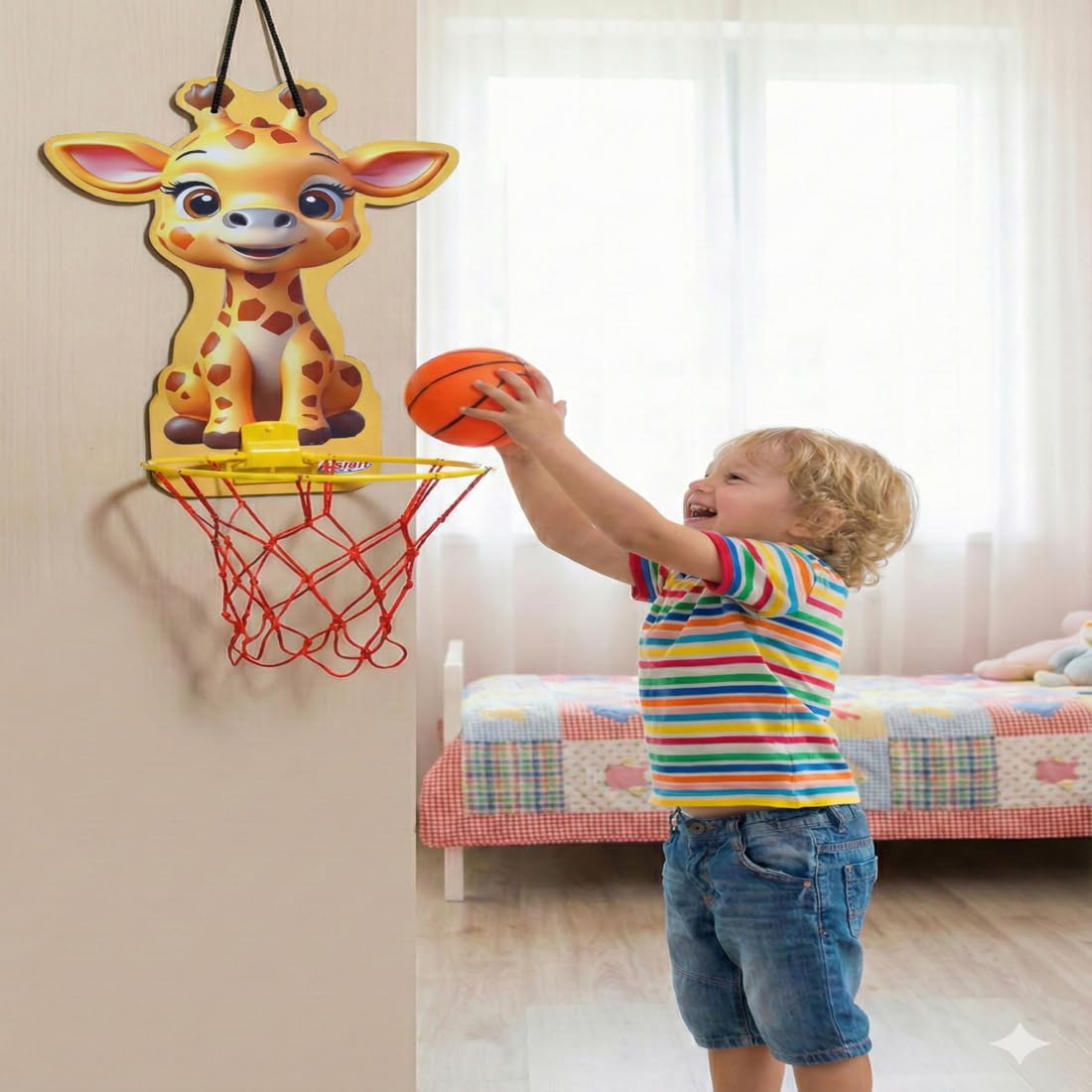 Asian Giraffe Wooden Basketball Board with Net & Ball | Indoor & Outdoor Kids Basketball Playset | Wall Mount Sports Toy for Boys & Girls | Skill Development Game 2