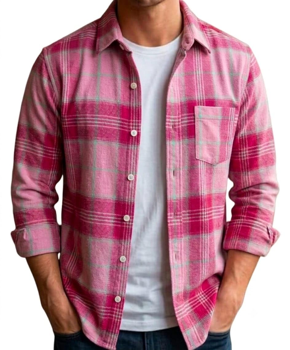 Pink Checks/Men's Pink Plaid Flannel Shirt Boxy Fit-picture-20