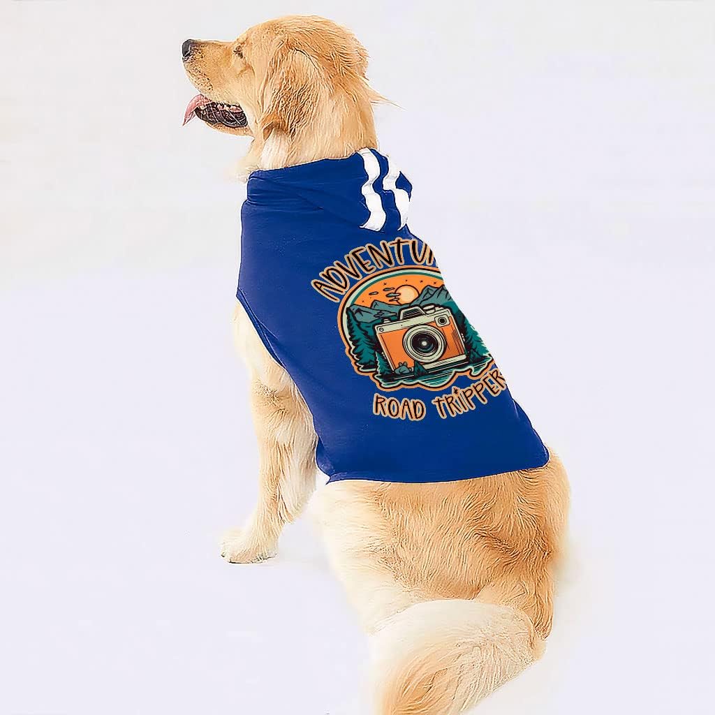 Adventure Road Tripper Dog Shirt with Hoodie - Camera Dog Hoodie - Sunset Dog Clothing - Black White, 2XL