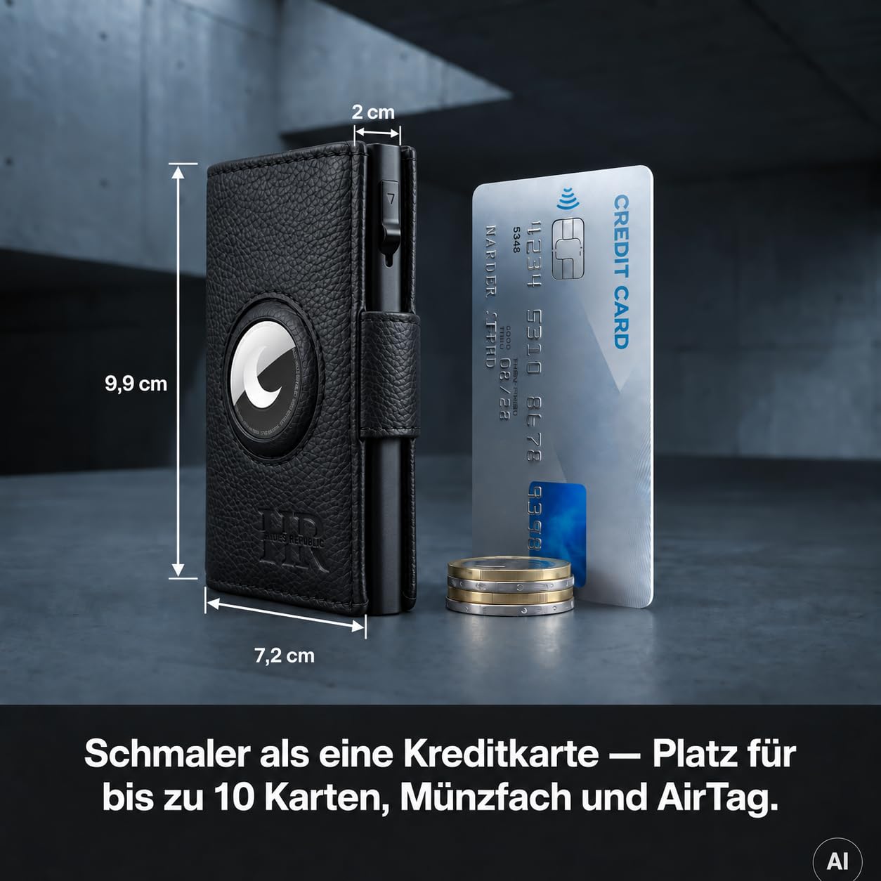 Geldbörse Herren Leder mit AirTag-Halterung, Portemonnaie Herren mit Münzfach & RFID-Schutz, Slim Pop-up Kartenfach für bis zu 10 Karten + ID-Fenster & Geldscheinfach, Schwarz