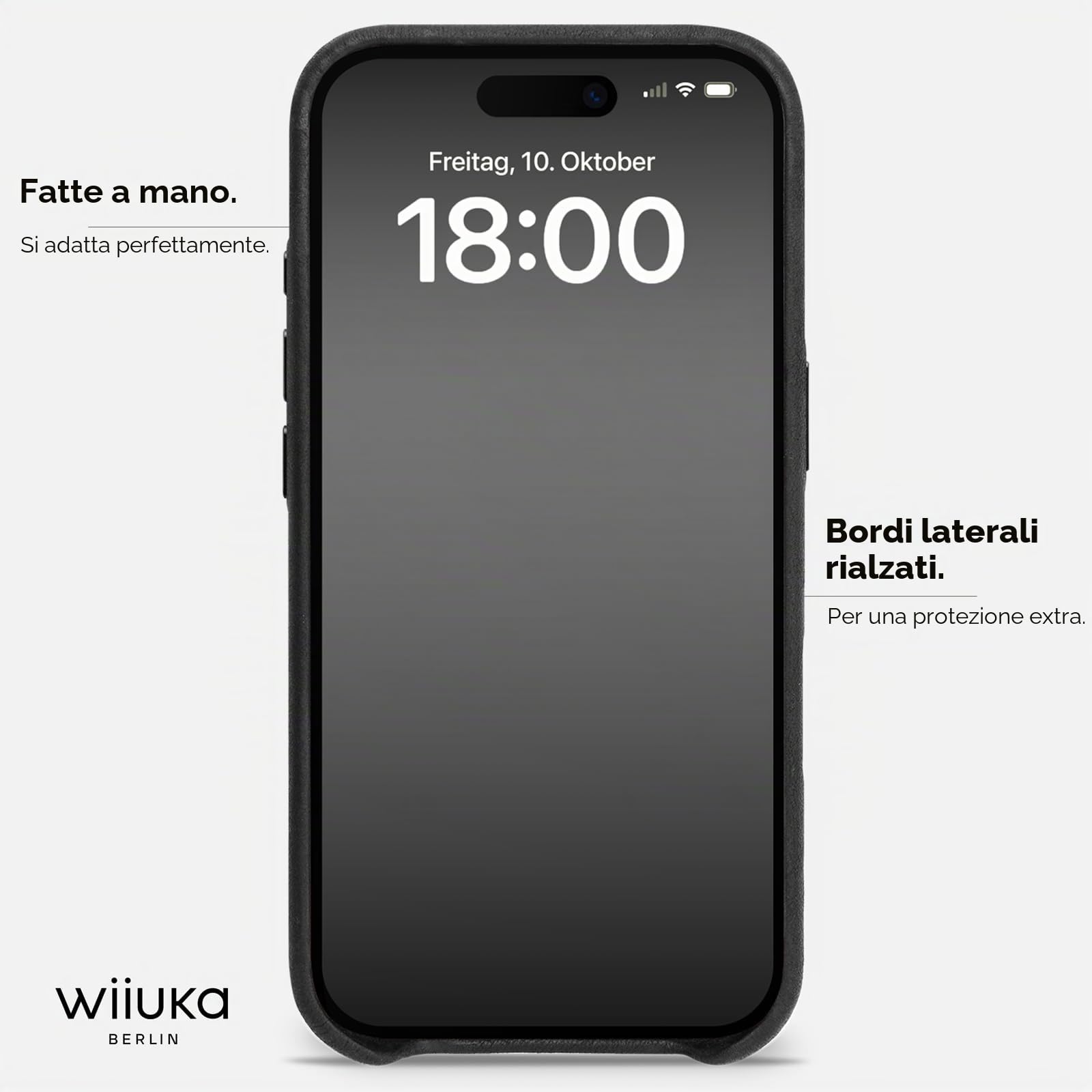 WIIUKA Custodia per iPhone 17 Pro Max, Pelle dalla Germania, Custodia in Pelle Extra Sottile, Custodia Premium per Smartphone, Case, Qi, skiin More, Vintage Nero