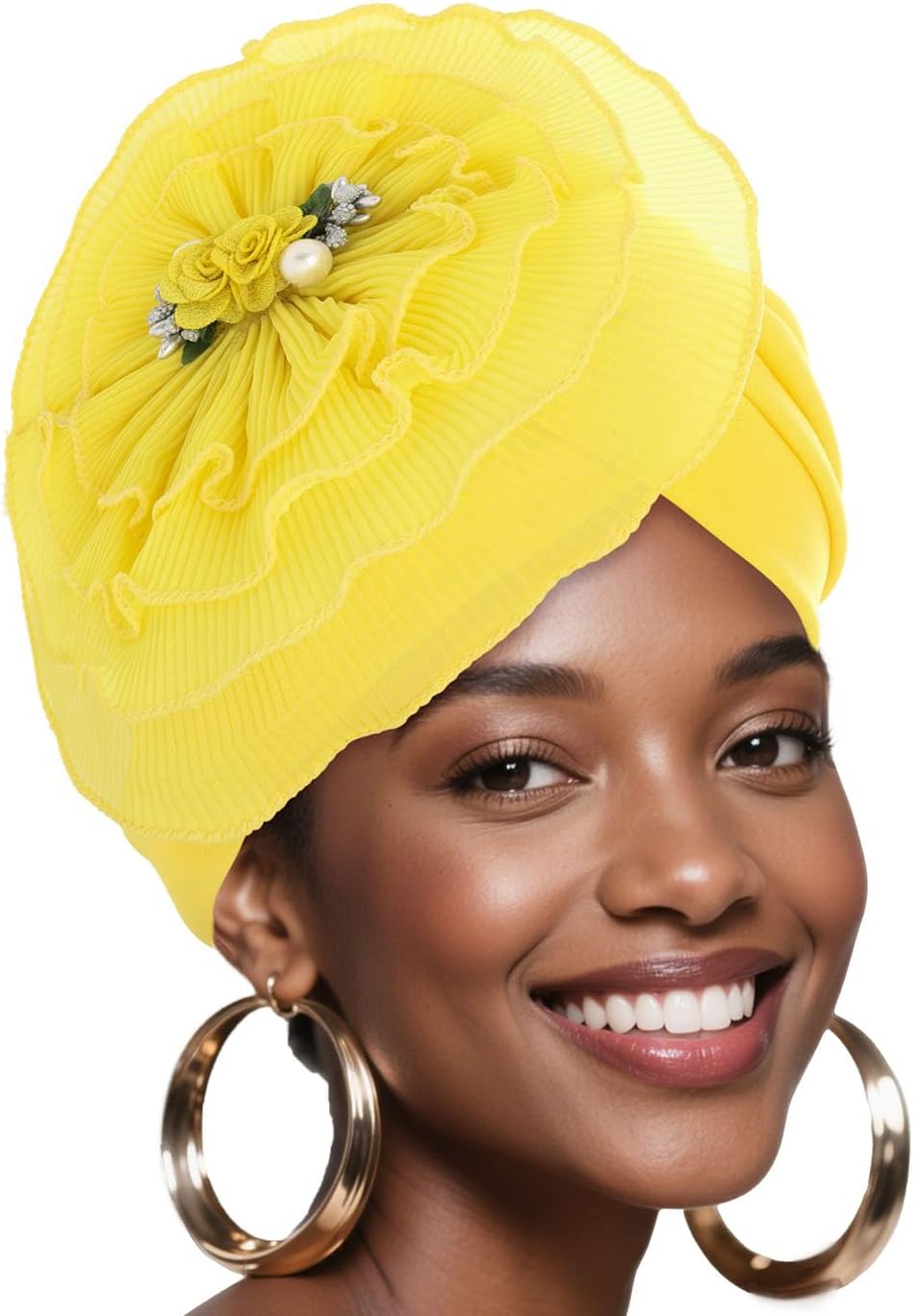 Bohend Flower Turbans Cap Pearl Knot Headwarp Beanie Pre Tied Head Cover Bonnet Women Muslim Stretchy Pleated Headscarf Hat