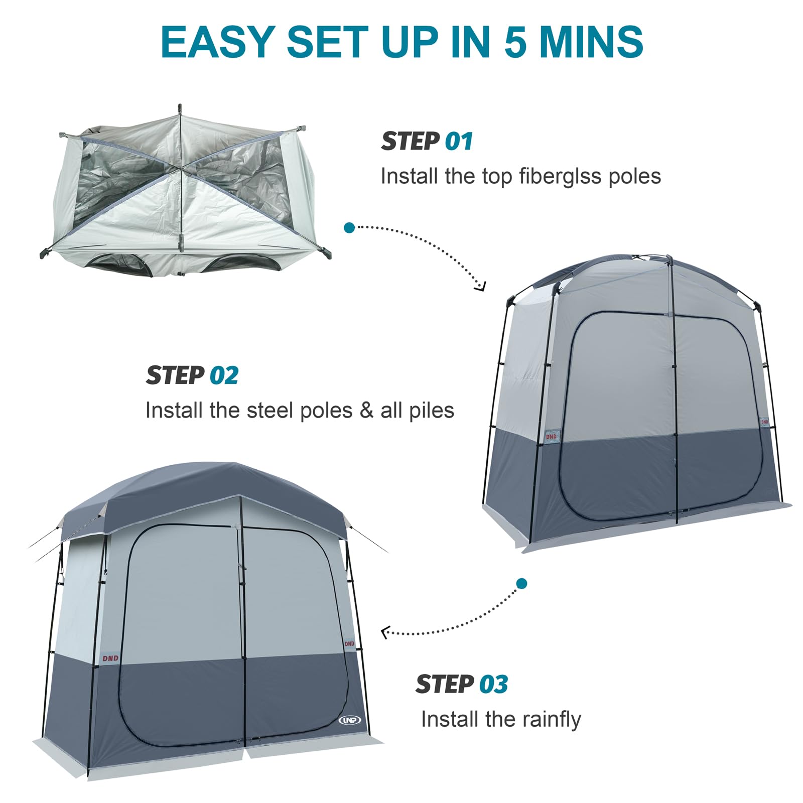 UNP Duschzelt 2 Zimmer, Tragbares Sichtschutzzelt Outdoor Camping Toilettenzelte Einfacher Aufbau, Ankleidezimmer für Strand, Camping & Wandern (Grau)