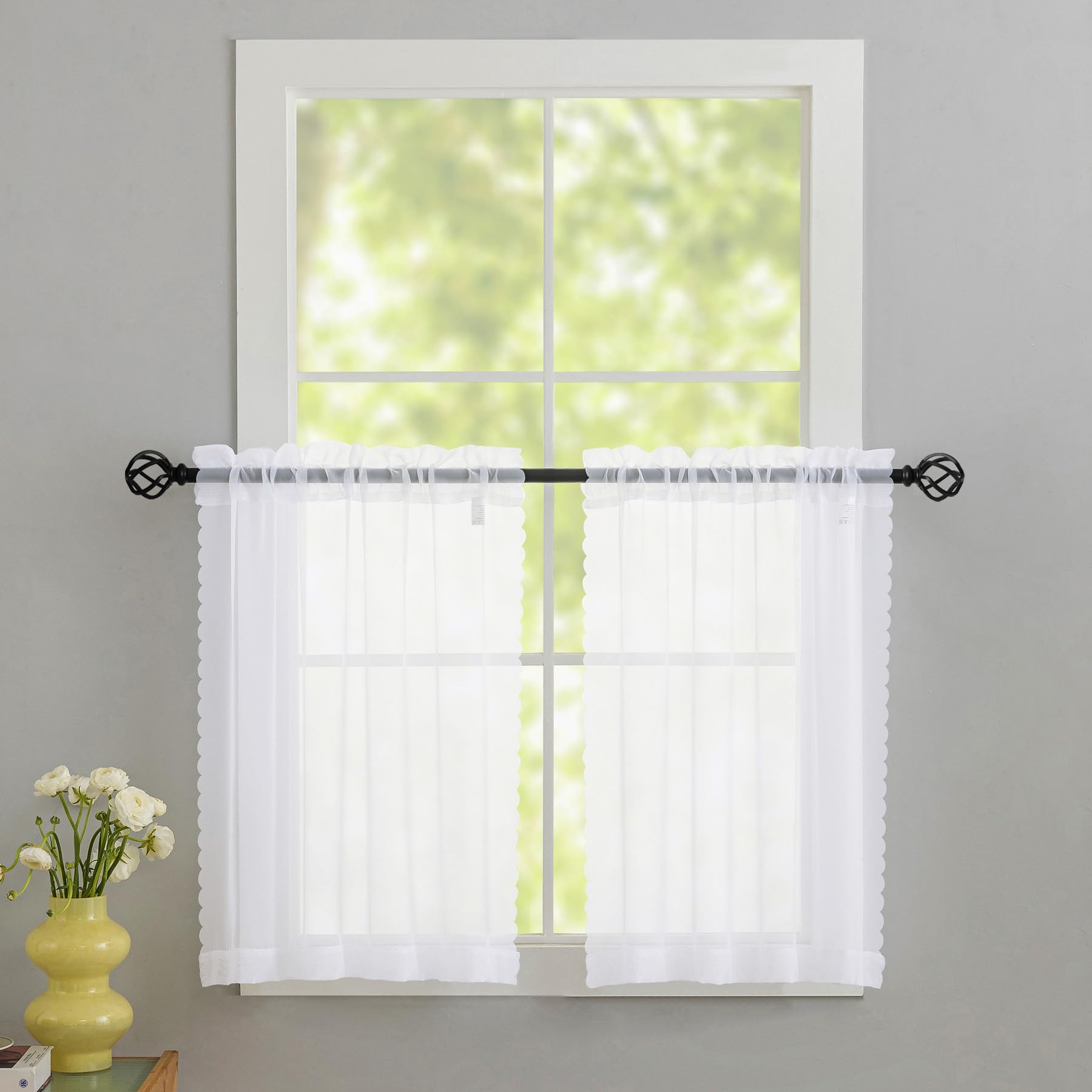 White Sheer Tier Curtains - 30 inch Length, Transparent Half Window Curtains for Kitchen, Bathroom, Cafe - Light Filtering Voile Panels, Rod Pocket, 2