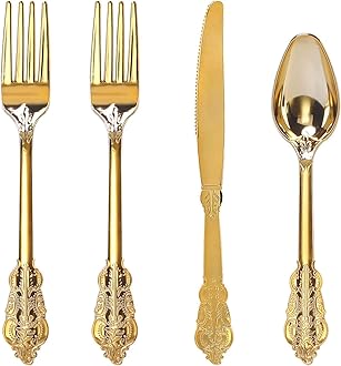 WDF 200 Pieces Gold Plastic Silverware Disposable - 50 Guests Heavy Duty Thanksgiving Gold Plastic Cutlery - Disposable Utensils Includes 100 Forks, 50 Spoons, 50 Knives Perfect for Party/Weeding
