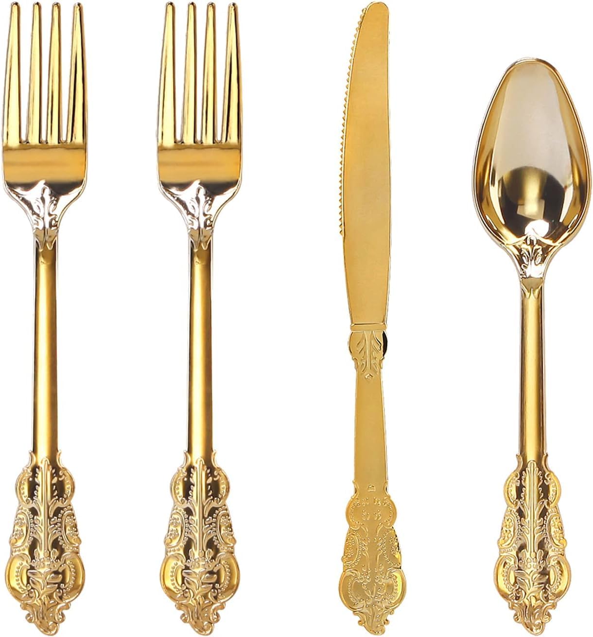 WDF 200 Pieces Gold Plastic Silverware Disposable - 50 Guests Heavy Duty Thanksgiving Gold Plastic Cutlery - Disposable Utensils Includes 100 Forks, 50 Spoons, 50 Knives Perfect for Party/Weeding