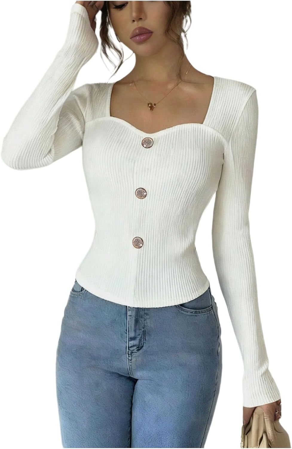 GORGLITTER Women's Sweetheart Neckline Long Sleeve Dressy Tops Metal Button Decor Elegant Ribbed T Shirts