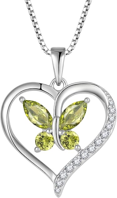 FJ Heart Butterfly Pendant Necklace 925 Sterling Silver Birthstone Jewellery Gifts for Women Mom Wife Girls Her