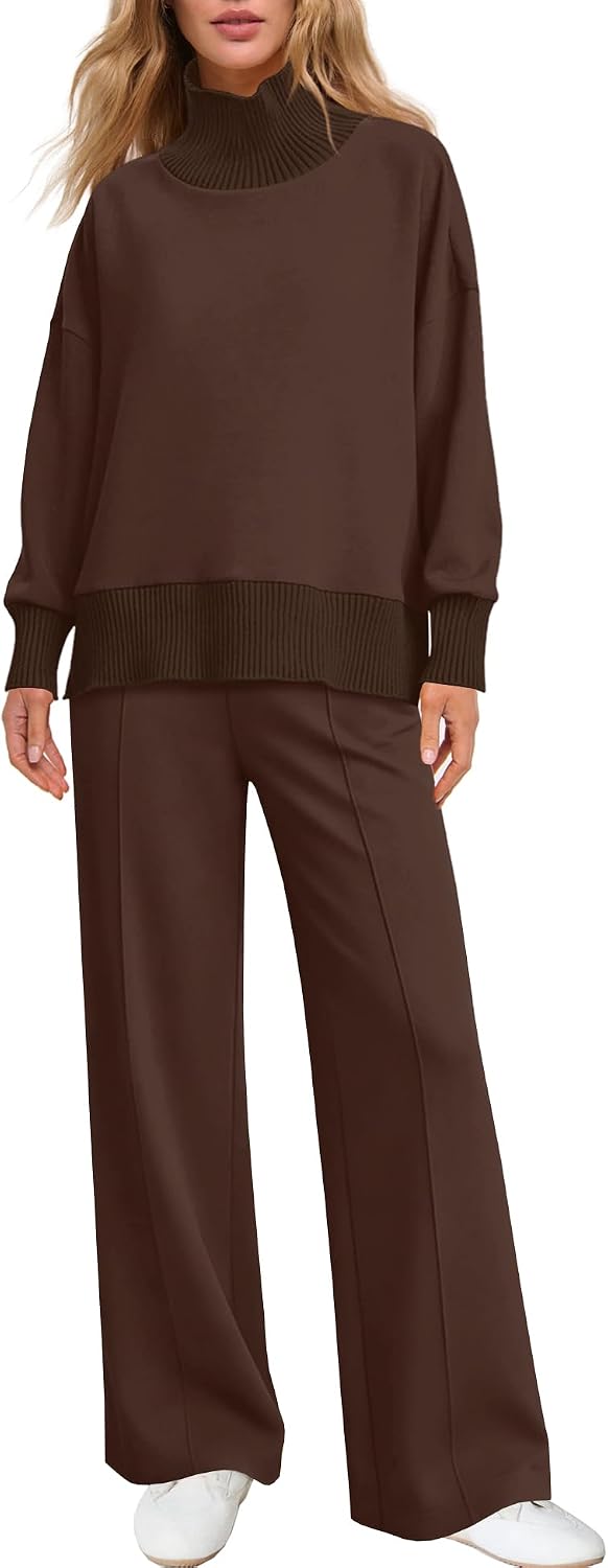 Womens 2 Piece Outfits Fall Matching Lounge Sets | Airport Travel Outfit, Sweat Sets, Pants Set, Mockneck Sweatshirt, Wide Leg Pants with Pockets, Oversized, Tracksuit