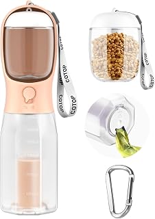 20oz Dog Water Bottle with Food Container & Poop Bag Dispenser | Leak-Proof Portable Pet Water Dispenser with Carabiner Clip | for Walking, Hiking, Travel (Peach, 20oz)