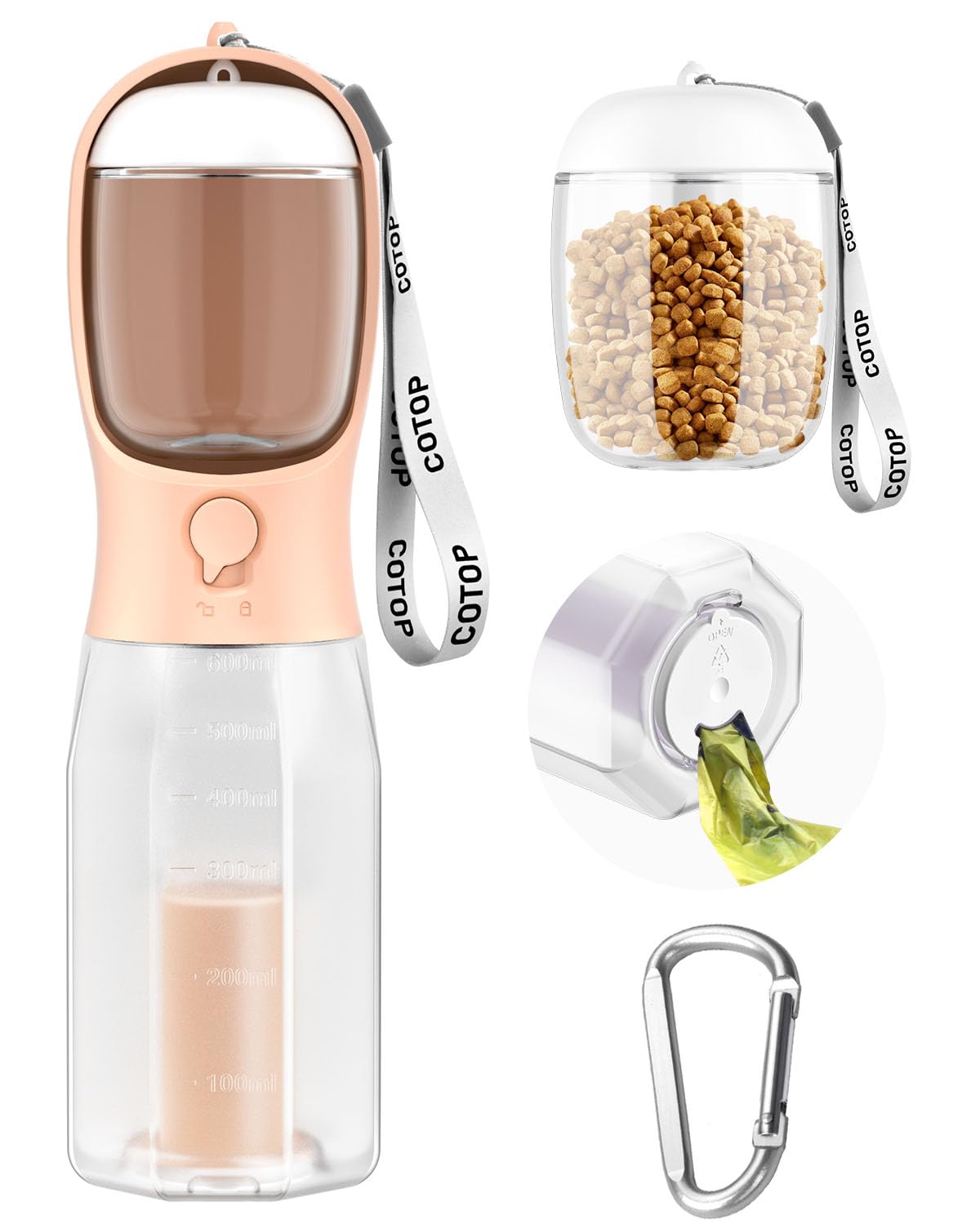 20oz Dog Water Bottle with Food Container &amp; Poop Bag Dispenser | Leak-Proof Portable Pet Water Dispenser with Carabiner Clip | for Walking, Hiking, Travel (Peach, 20oz)
