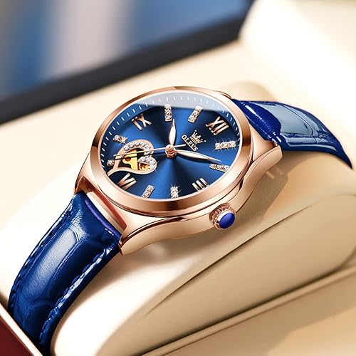 Miniatura 3 de OLEVS Reloj mecánico automático para mujer, correa de cuero, cuerda automática, reloj de pulsera para mujer, esfera de corazón de diamante,