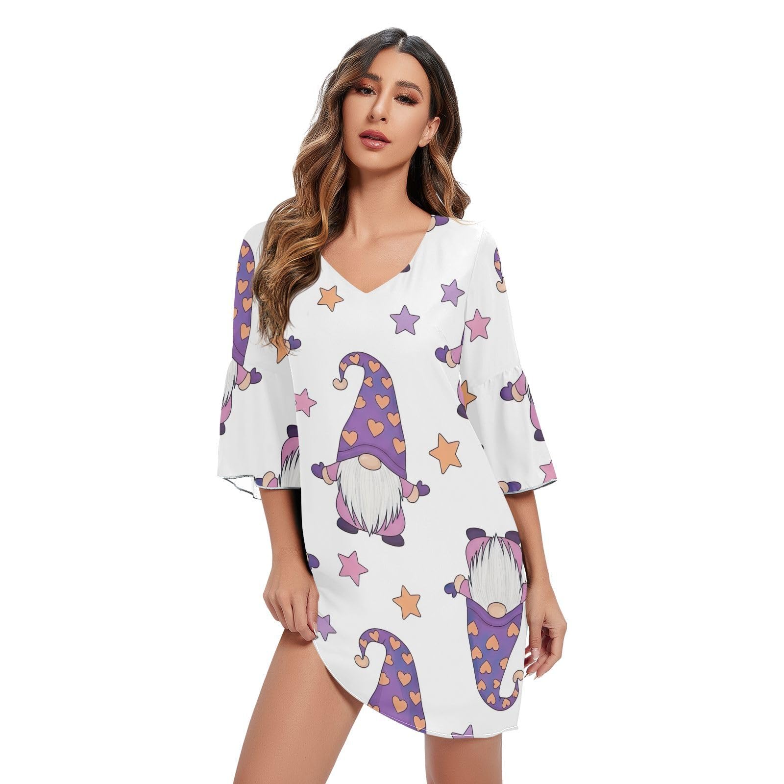 Robe d'été blanche fluide manches 3/4 imprimé nain violet pour femme - 7