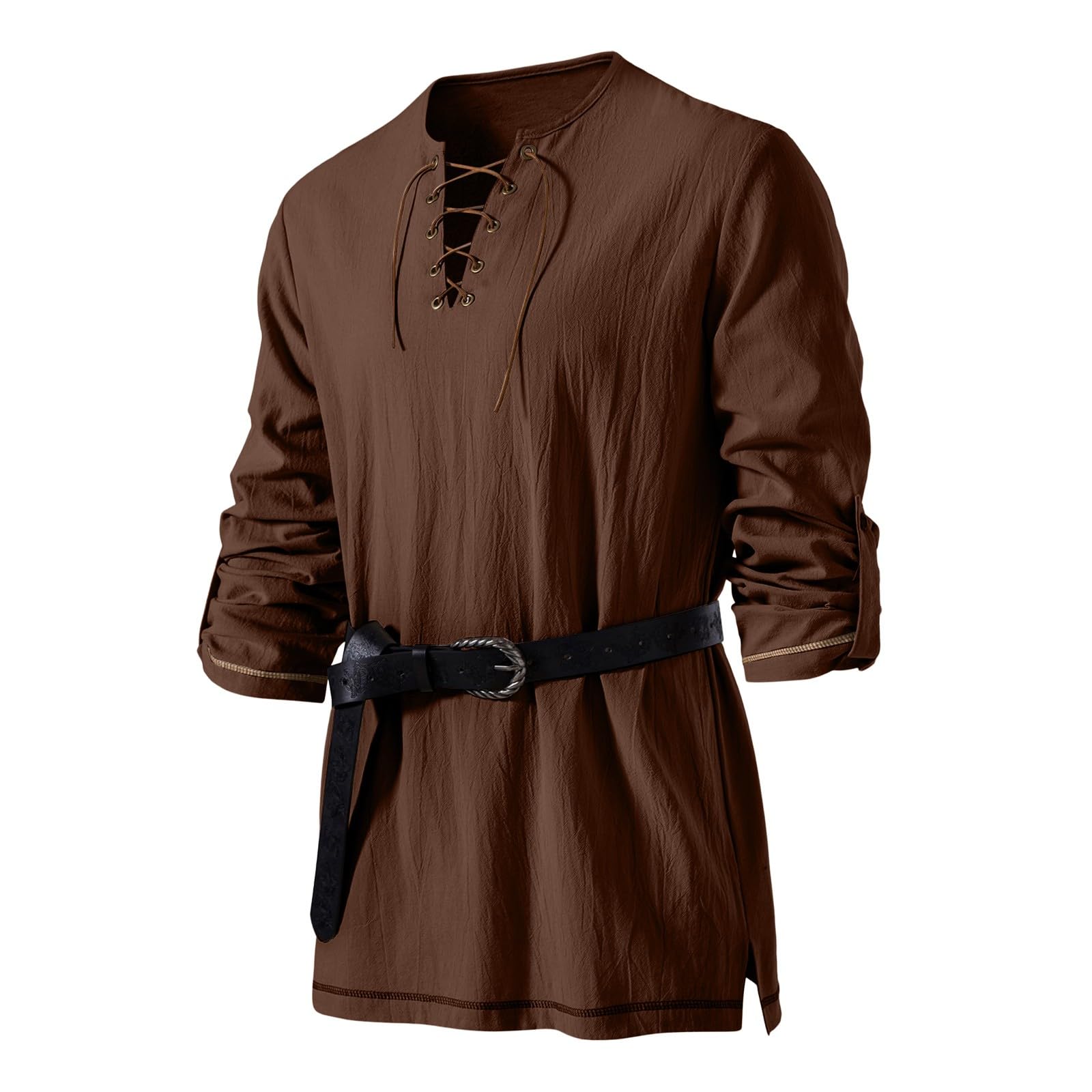 Cocila Men's Medieval Viking Pirate Renaissance Shirt with Belt Halloween Retro Shirts Cotton Linen Drawstring Vintage Cosplay Tops Loose Lace Up Shirts Brown XXL
