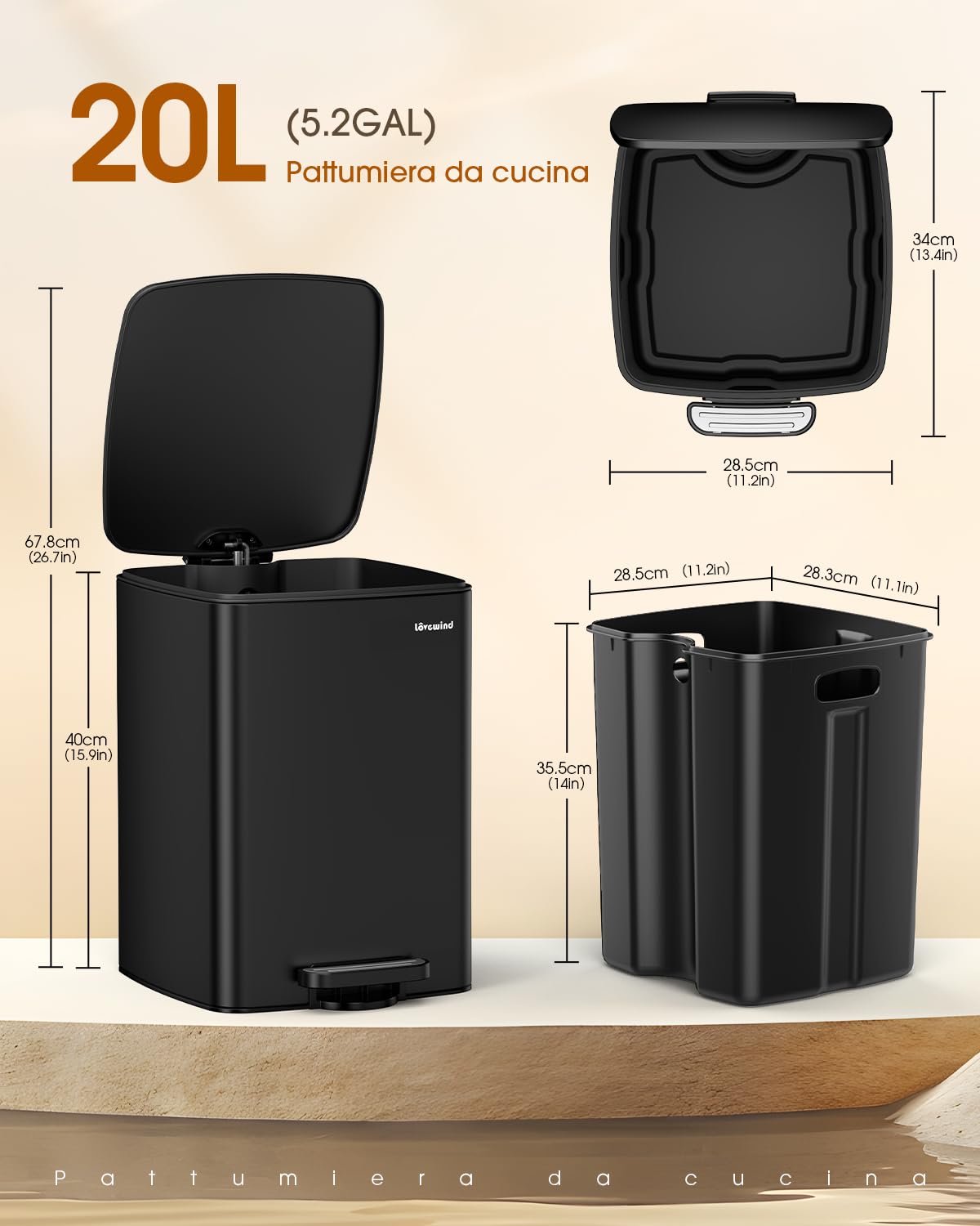lovewind Pattumiera Da Cucina, Pattumiera In Acciaio Inox Con Pedale Nero Da 20 Litri, Con Coperchio E Secchio Interno, Adatta Per Cucina, Bagno E Soggiorno