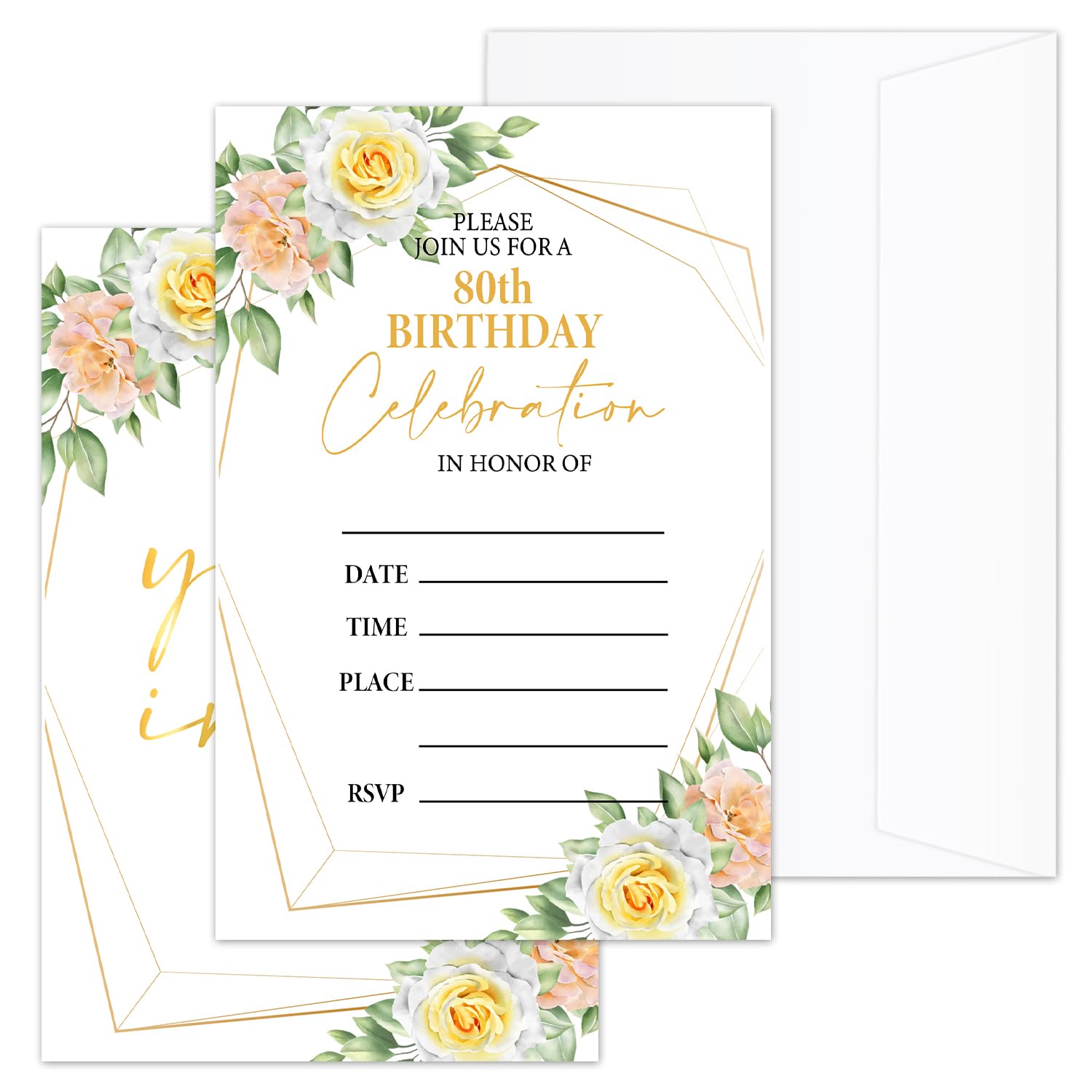 CIAEXRN 80th Floral Birthday Invitations with Envelopes, 20PCS Birthday Party Invitations Birthday Invites, Birthday Party Supplies - 04
