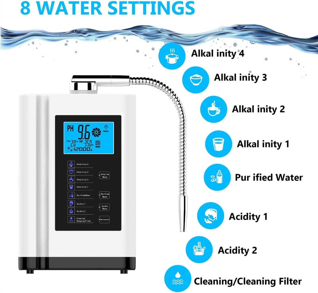Water Purifier Machine, Alkaline Water Ionizer, Acid-Alkaline Water Filter System Ph 3.5-10.5 Up to -800Mv Orp, 8000 Liters Per Filter, Auto-Cleaning,Blue-White