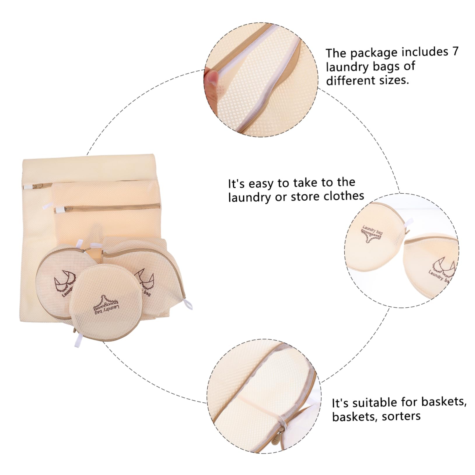 Bolsas de Lavado para Lencería, 7 Piezas, Poliéster Beige