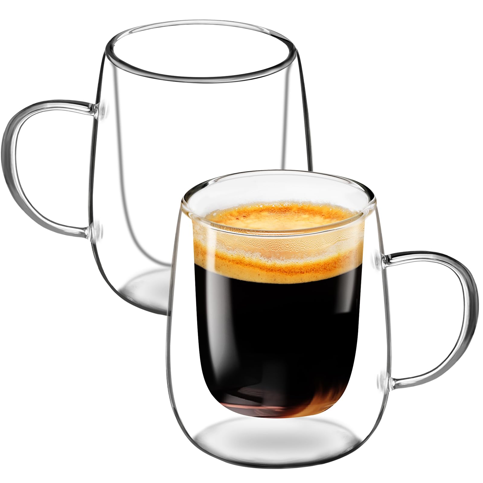Glass Coffee Cups Set of 2, 13oz Double Walled Glass Mugs with Handles, Clear Insulated Coffee Mug Espresso Cups, Cappuccino Latte Tea Cups Set, Heat Resistant Borosilicate Clear Glasses