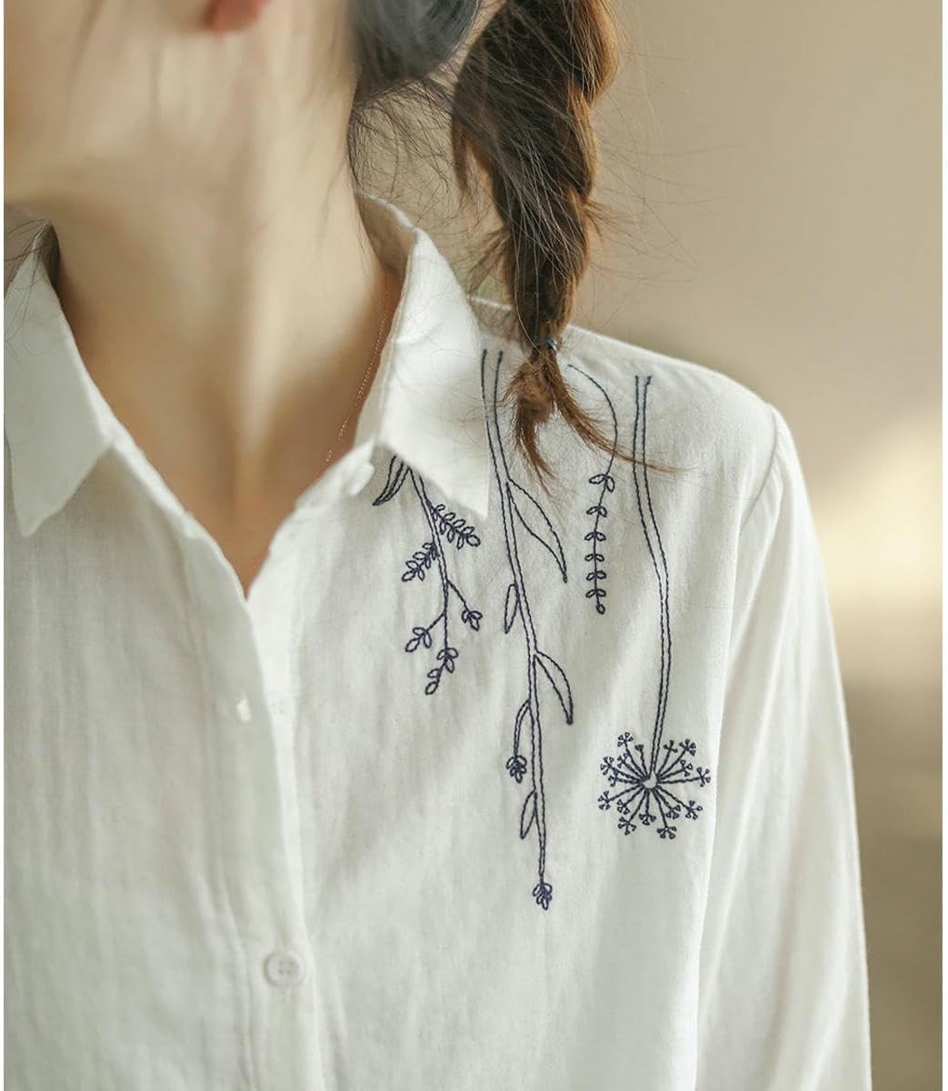 Women's Long Sleeve Cotton Linen Shirt Literary Embroidered Linen Retro Top