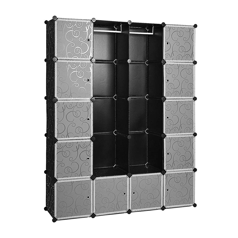 Tragbar Kleiderschrank mit Türen, 20 Fächer, Schwarz,180×142×37cm