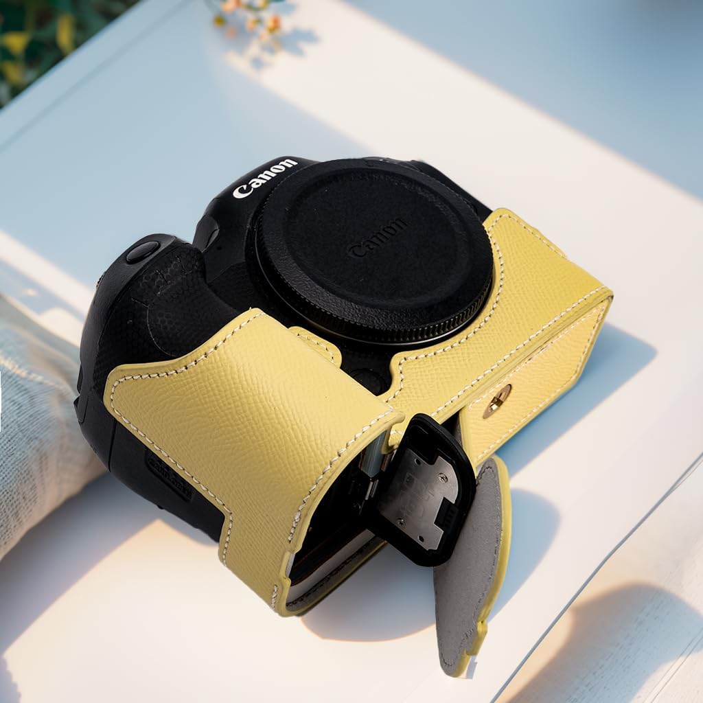 for Canon EOS R6/R6II Camera Case,Handmade Genuine Real Leather Half Camera Case Bag Cover for Canon EOS R6/R6II Camera Bottom Opening Version + Hand Strap (Yellow)