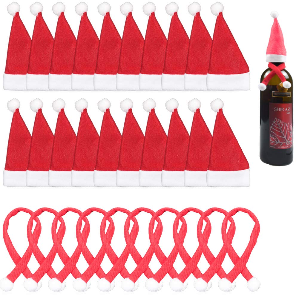 Jolbndcv30PCS Christmas Santa Hats Silverware Holders Mini Santa Hat Cup Bottle Covers with Christmas Scarf for Xmas Table Dinnerware Candy Wine Bottle Holders