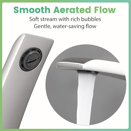 Miniatura 7 de Grifo de lavabo de baño moderno de un solo orificio de 1 manija, grifos de latón macizo de níquel cepillado, grifo mezclador de montaje curvado para