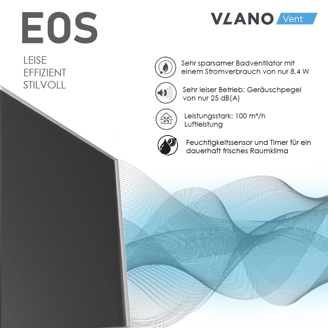 Vlano Badlüfter EOS 100/125 H BK mit Matt Glasfront, Feuchtigkeitssensor, Nachlauffunktion, Rückschlagklappe, IP45, Schwarz, Abluftventilator, Hygro, Timer, 100mm, 125 mm, kugelgelagert (125 mm)