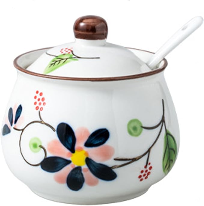 Porcelain Sugar Bowls with Lids and Spoons,Ceramic Spice Jars for Kitchen, Seasoning Containers for Salt, Pepper, Sugar, or Condiments (LH)