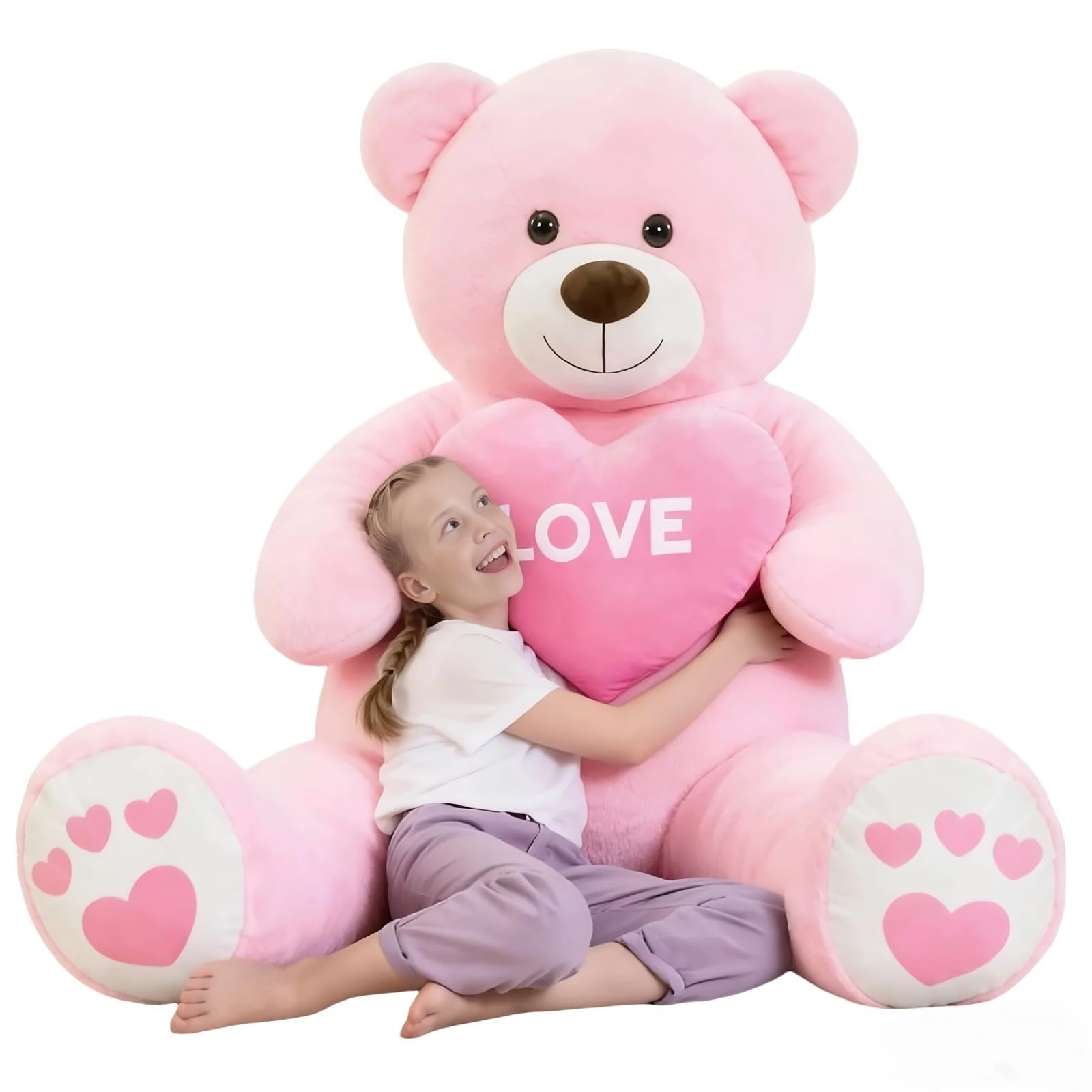 6ft Giant Valentines Teddy Bear Plush Big Pink Teddy Bear Stuffed Animal with Red Heart Life Size Love