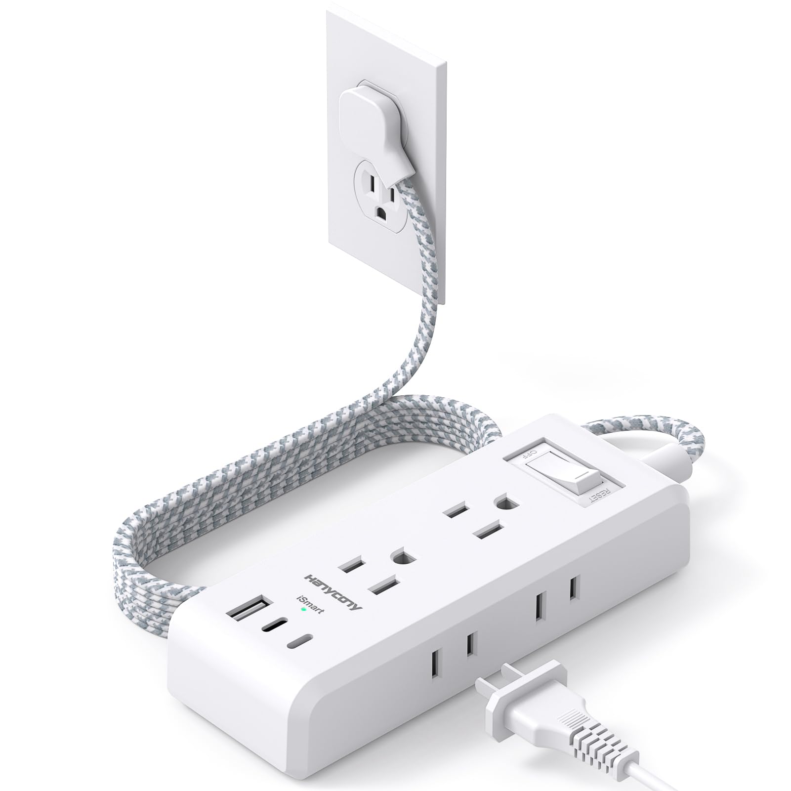 Cruise Ship Essentials, HANYCONY Flat Plug Extension Cord, Power Strip with 6 Outlets 3 USB Ports, 5ft Outlet Extender with Wall Mount No Surge