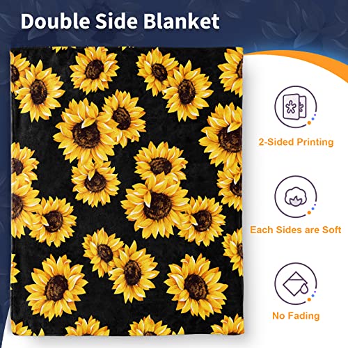 Sunflower Blankets Gifts For Women, Double-Sided Throw Blanket, Birthday Gifts For Girls, Lightweight Flannel Cozy Plush For Adult Kids, Sunflowers Girly Bedroom Decor (Black And Yellow)50X60 Inch #TOP2