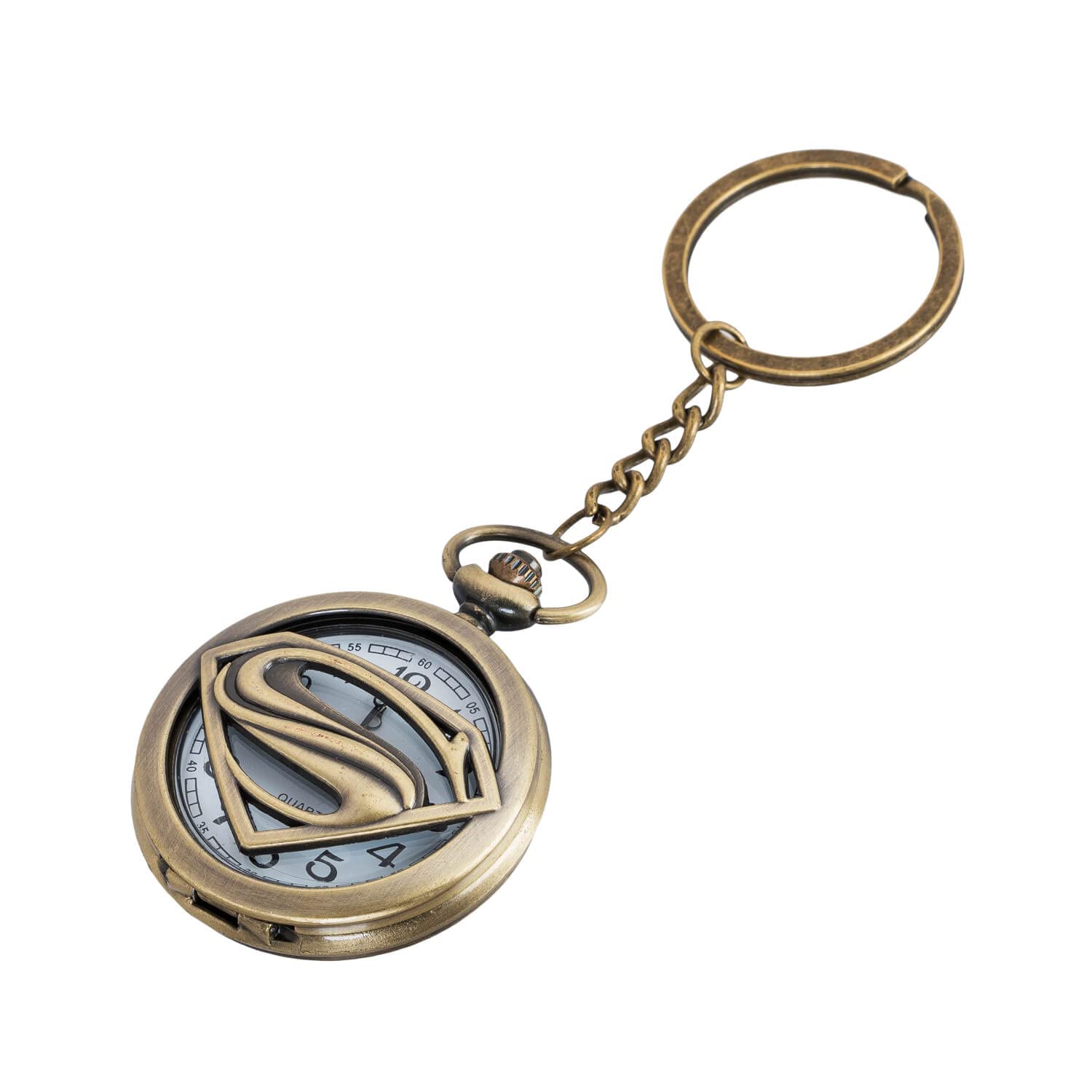 Pocket Watch Gift | Superman Symbol Embossing | Numerical Dial | Metal Keychain Design | Bronze | Vintage | Antique Style Unisex Watch for Men Woman