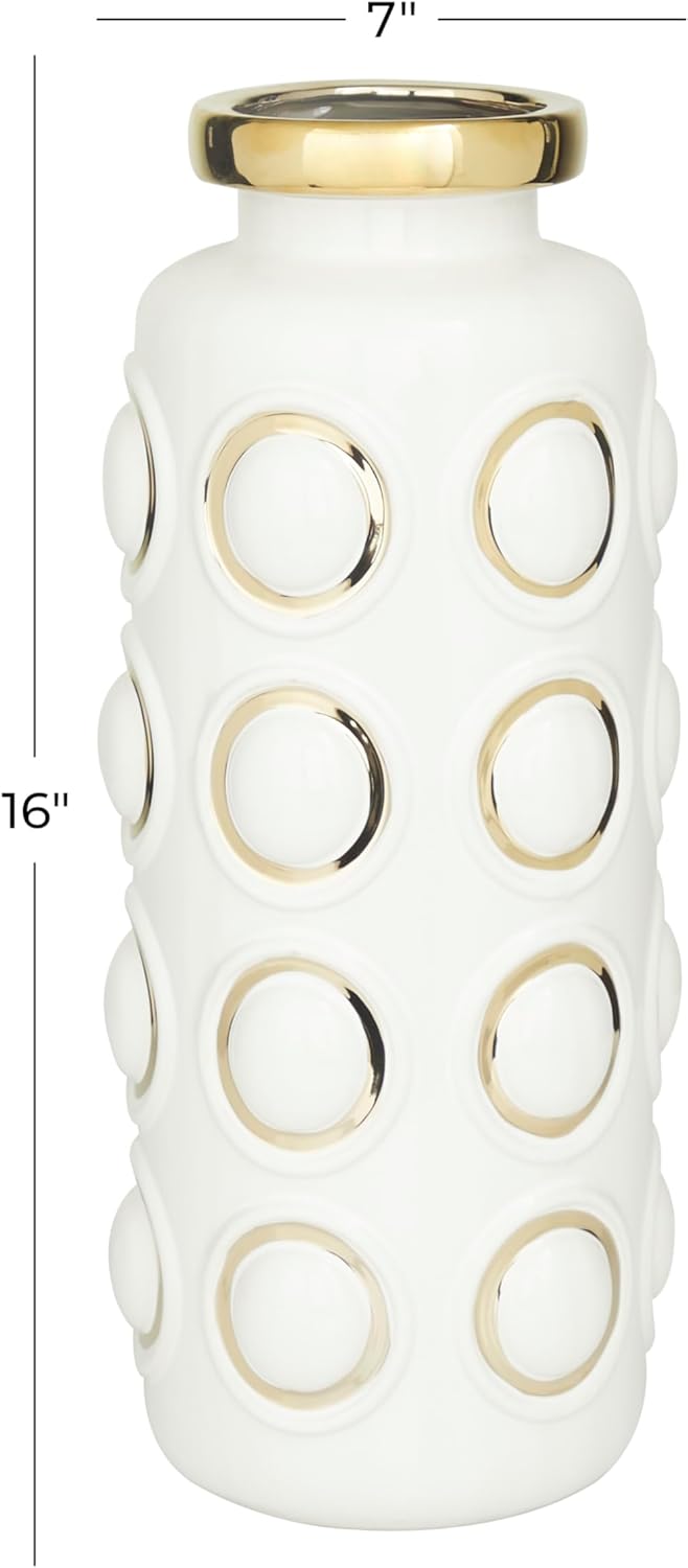CosmoLiving by Cosmopolitan Ceramic Decorative Vase Centerpiece Vase with Gold Circle Accents, Flower Vase for Home Decoration 6" x 7" x 16", White