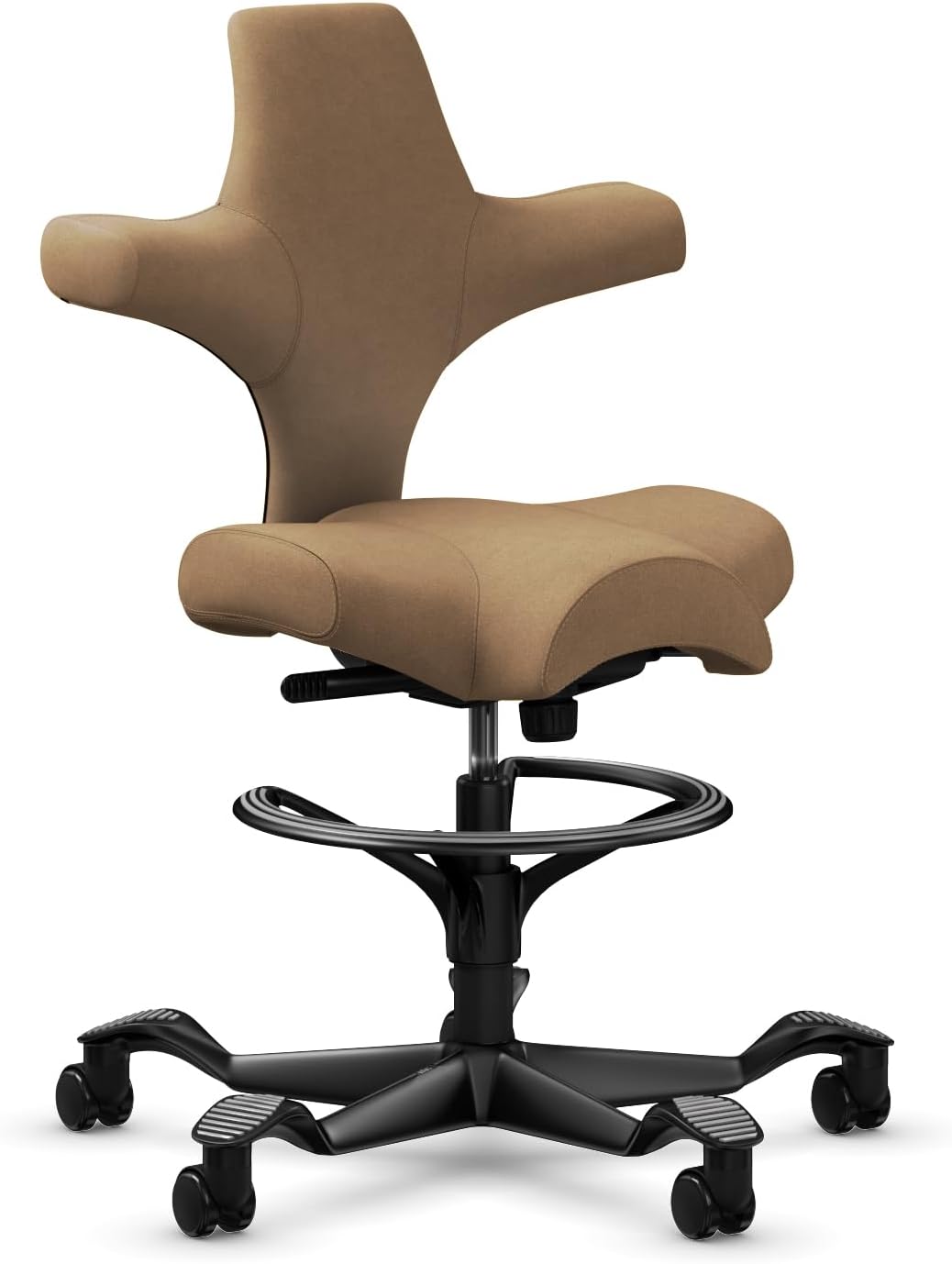 HAG Capisco Sit to Stand Chair-Black Frame-Upholstered Brown Latte-with Foot Ring