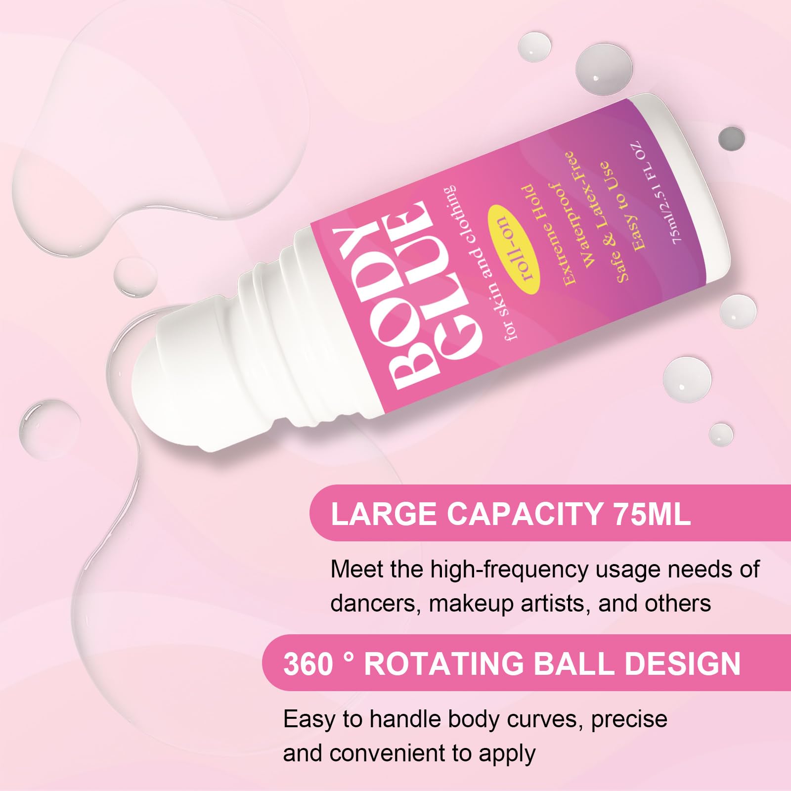 Strong Hold Body Glue for Skin and Fabric, Roll On Clothing Adhesive for Dresses and Dance Costumes, Sweat Resistant Fashion Glue for Socks, Strapless Tops, Performance Wear, 75ml - 5