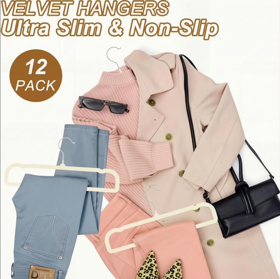Image of Pants Hangers Space Saving, 12 Pack Velvet Hangers for Closet, Strong Durable Non Slip Slim Clothes Hanger, Ultra Soft Flocked Hanger for Pants, Shirts, Bra, Shorts