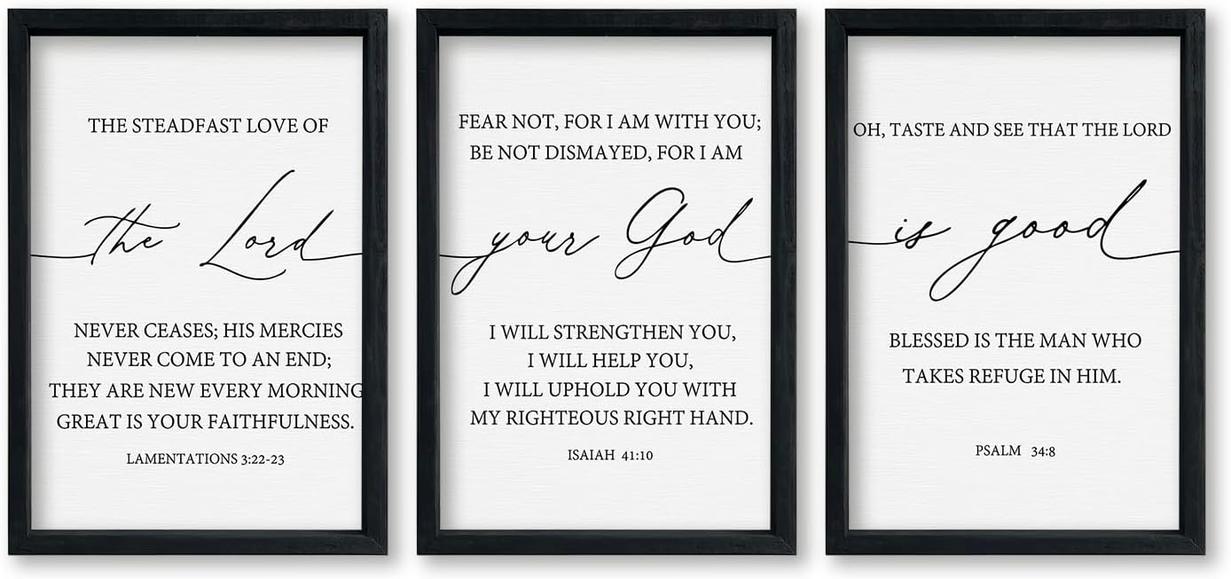 Bible Verses Christian Wall Decor Art The Lord Your God Is Good 16"x11" Set of 3 Scripture Bedroom Above Bed Sign Religious Rustic Home Office Living Room Wall Hanging (Black)