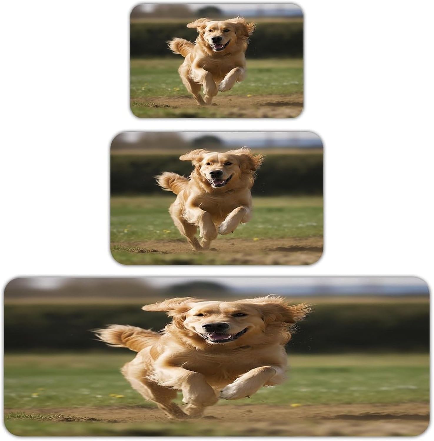 Golden Retriever Running Kitchen Mat Set of 3 Waterproof Floor Mats Non-Slip Kitchen Rugs Premium Flannel Rug Heavy Duty Standing Mat for Kitchen Home Bathroom Laundry