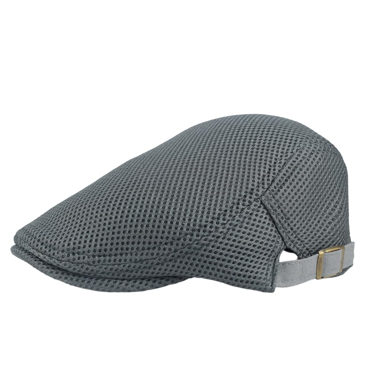 Hybursky Men's Gray Mesh Flat Cap, Breathable One Size Summer Peaked Caps, Elastic-Band Sun Visor Seaside Beach Hat For Sports Fishing Golf, Adjustable Mesh Casual Duckbill Newsboy Beret For Driving Hiking Hunting