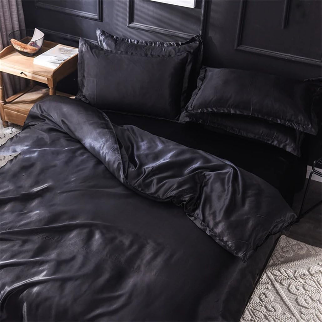 Solid Color Silk Bedding Set with Duvet Cover Bed Sheets Pillowcases Smooth Satin Single Queen Double Twin Size