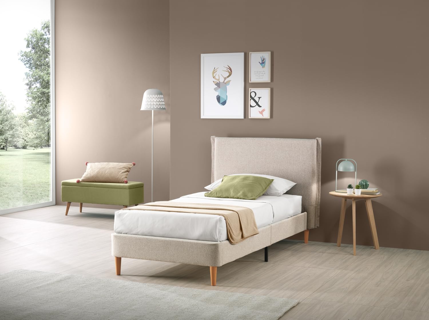 EVERGREENWEB Letto Singolo in doghe in legno con Testata e rivestimento in tessuto Beige | facile da montare |Adatto per materasso cm 90x200 | Letto di Design |Mod. Parigi