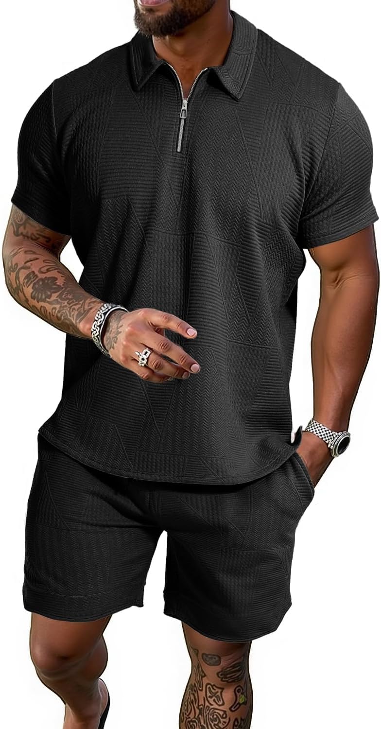 GYMELITE Men's 2 Piece Short Sets Outfits Summer Polo Shirts and Shorts Casual Zip Short Sleeve Fashion Shorts Tracksuit Set