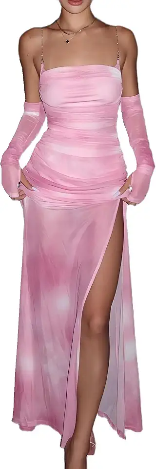 Mulheres Mesh Print Off Ombro Vestido Esparguete Correia Com Mangas Ruched Maxi Dresses